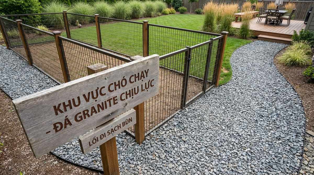 A durable crushed stone path surrounding a dog run enclosure, showing how angular granite or trap rock provides a clean, well-draining surface that withstands heavy paw traffic and resists mud.