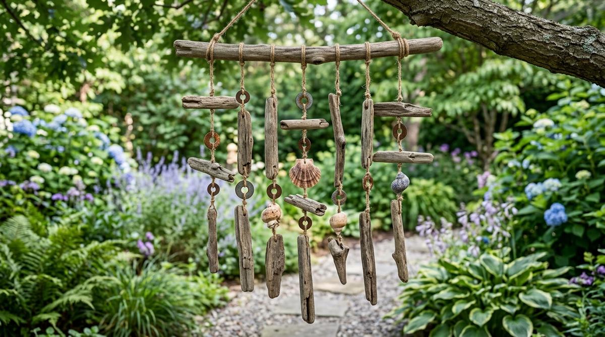 A close-up image of driftwood wind chimes hanging in a garden, with pieces of driftwood suspended at varying lengths from a horizontal branch using jute twine. Metal washers and seashells are visible between the wood segments, creating a natural and rustic decoration that produces gentle percussion sounds when activated by the breeze. The chimes are shown in a serene outdoor setting, adding sensory dimensions and kinetic movement to the garden space.