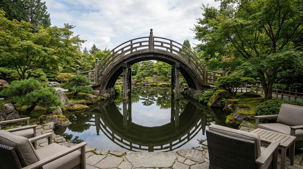 A taiko-bashi or drum bridge in a small garden, featuring an extremely steep arch that creates a challenging climb and dramatic visual statement. When reflected in calm water, the bridge and its mirror image form a perfect circle, serving as a sculptural element rather than a primary pathway. Positioned where its bold profile can be admired from seating areas, with widely spaced railing slats for grip, this design is ideal for decorative applications in authentic Japanese gardens, supported by deep foundation posts for safety.