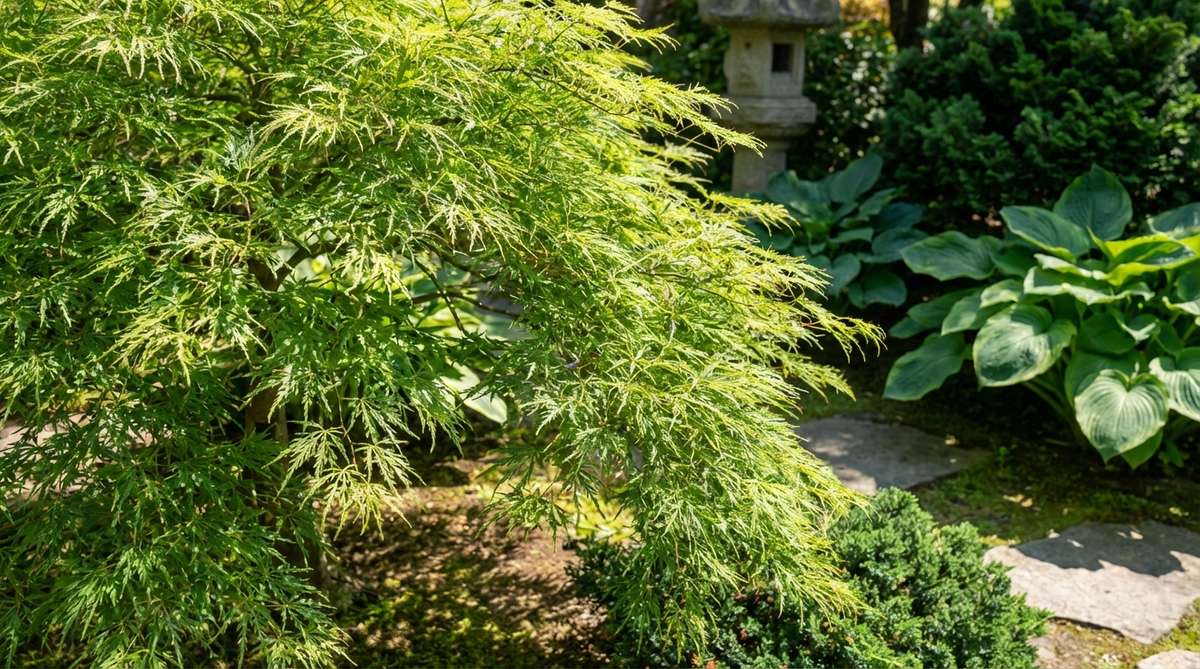 A close-up of the finely dissected bright green foliage of an Emerald Lace Maple tree, showcasing its delicate, lacy texture that contrasts with surrounding bold-leafed hostas and evergreens in a Japanese garden setting, with light filtering through its airy branching structure.