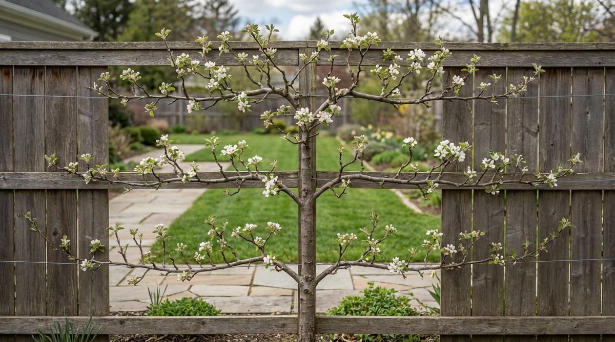 A dwarf apple or pear tree trained flat against a fence using horizontal wire supports, showcasing espalier techniques to create a living art piece that conserves space. The tree is pruned into a two-dimensional form to maximize fruit production, adding sophisticated architectural interest to the fence line, with spring blossoms providing seasonal color before fruiting begins.