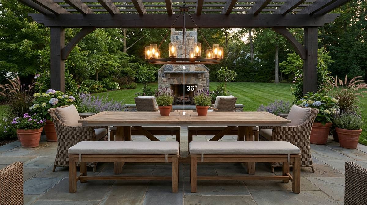 A large farmhouse-style outdoor dining table measuring 96-120 inches with matching benches on both sides and chairs at the ends, accommodating 8-12 guests. Features teak or aluminum frames with weather-resistant cushions, topped with an oversized outdoor chandelier or pendant lights hanging 30-36 inches above the table surface.