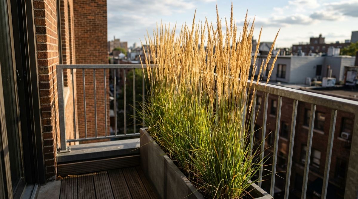 Upright clumps of feather reed grass (Calamagrostis) growing in a tall, narrow container on an urban balcony. The plant reaches 4-5 feet with a narrow profile, featuring wheat-colored plumes that catch light and persist through winter. Perfect for tight balcony spaces against railings, this grass tolerates partial shade and strong winds without lodging.