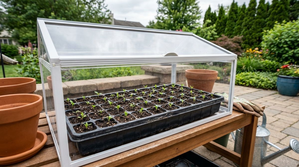 A professional fifty-cell plug tray designed for high-volume seed starting in a mini garden greenhouse, fitting standard 1020 trays to optimize space for crops like lettuce and greens, with easy pop-out transplanting to prevent root damage and maximize greenhouse bench efficiency.