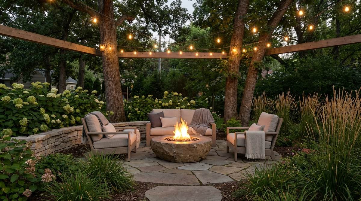 A cozy garden corner featuring a low fire bowl on a gravel or paver pad, surrounded by soft seating for quiet conversations. The warm, flickering flame creates a nighttime retreat with a contained layout that encourages relaxation and visual anchoring in the yard.
