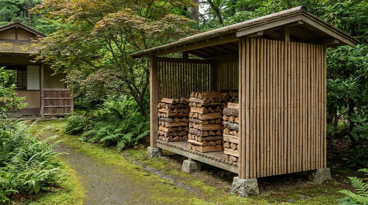 A traditional Japanese garden firewood shelter featuring vertical bamboo slat walls that create a geometric pattern. The open-sided structure allows for air drying of firewood while deterring pests, with wood stacked in alternating layers for optimal airflow. Built on raised stone footings to prevent ground moisture, this functional yet aesthetically pleasing structure complements the tea house garden environment.