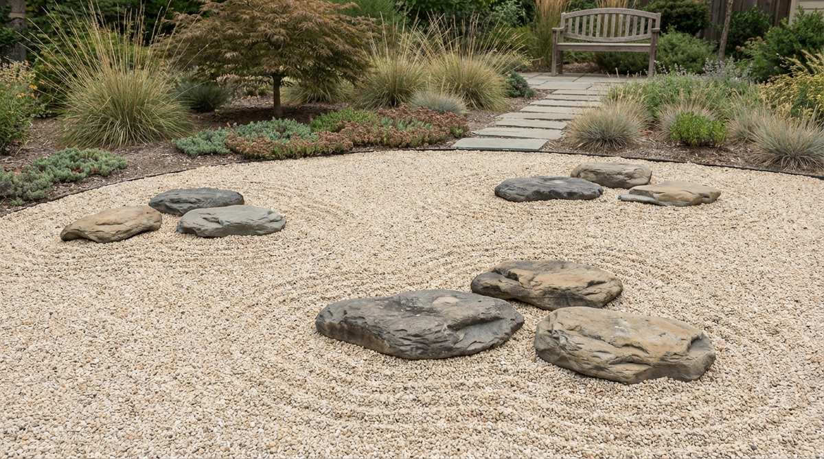 Low, horizontal stones arranged in small clusters emerge from raked gravel, resembling islands in a calm sea. These flat formations serve as visual anchors without dominating the landscape, featuring weathered, naturally eroded surfaces that suggest water exposure. Grouped in sets of three to five stones with similar height but varying lengths, they create serene and balanced clusters ideal for a zen garden.