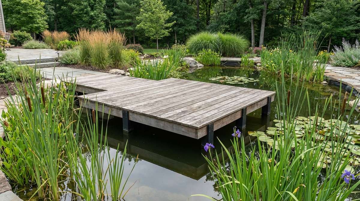 A square floating platform bridge hovering just above water level in a mini garden pond, creating the illusion of walking on water. The structure is securely anchored with minimal clearance and surrounded by marginal aquatic plants for visual integration.