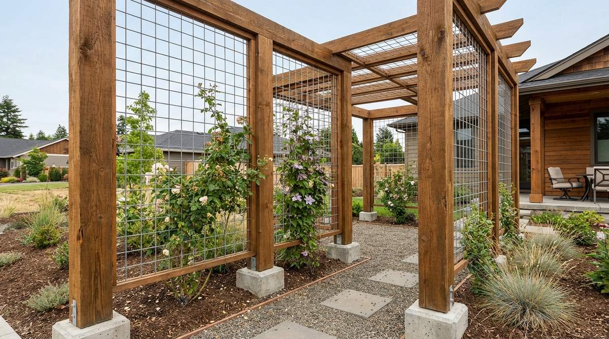 A modern garden trellis featuring thick timber posts framing wire mesh or cable inserts, combining wood's warmth with metal's minimalism. The design includes 4-inch square wire mesh for easy plant training, ideal for arbors, pergolas, or wall-mounted structures with concrete footings for stability.