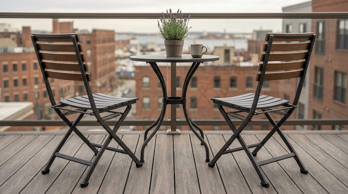 European-style folding metal cafe chairs with horizontal slat backs, designed for urban balconies. Features spring-loaded mechanisms for quick deployment, powder-coated steel for rust resistance in coastal environments, and rubber floor protectors to prevent scratches on decking.