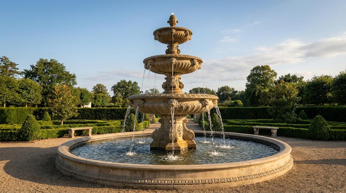 A monumental stone garden fountain with four cascading tiers, featuring ornamental finials and detailed molding, ideal for estate entries or formal gardens. This imposing piece commands respect with its robust water flow and immersive soundscape, requiring professional installation for assembly and plumbing adjustments.
