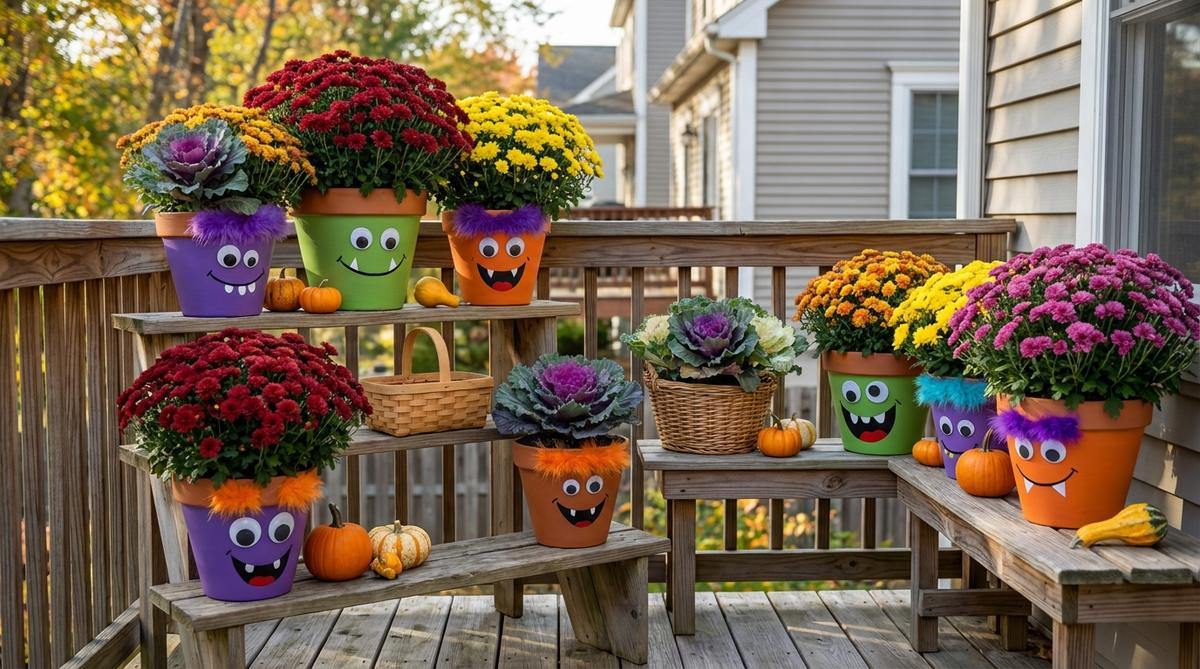 Colorful monster faces painted on terracotta pots with googly eyes and fuzzy craft hair, creating a playful Halloween balcony decor. Features vibrant acrylic paints in purples, greens, and oranges, with seasonal flowers like mums or ornamental kale as monster 'hair'. Ideal for family-friendly settings and can be repurposed for other holidays.