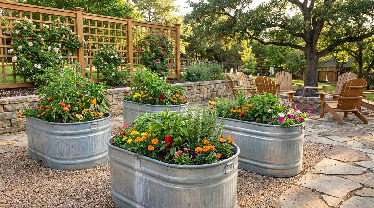 Vintage galvanized metal washtubs used as rustic planters in a garden setting, showcasing their silvery patina and farmhouse charm for planting vegetables, herbs, or annuals.