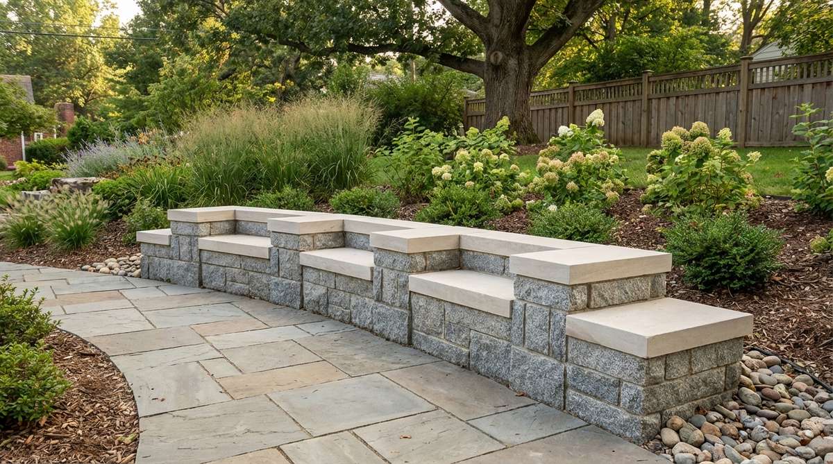 A stone garden bench composed of stacked rectangular blocks forming modular seating units. The geometric arrangement shows repeating patterns with granite blocks and limestone caps, creating material contrast within a precise framework.