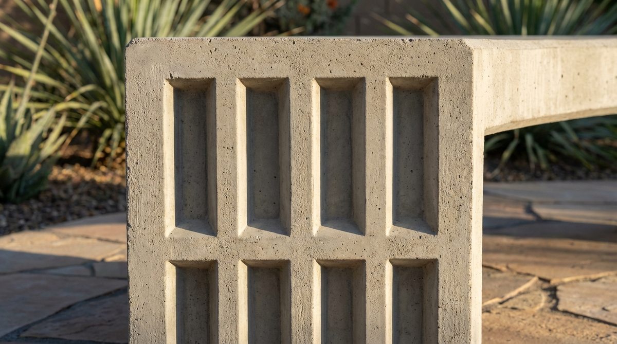 Close-up detail showing geometric recessed panels created with foam insulation board in concrete bench legs. The dimensional pattern creates shadow play throughout the day, adding architectural interest to modern garden furniture.