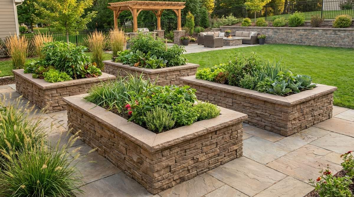 A modern raised bed garden featuring GFRC concrete stone veneer, showcasing its crack-resistant and lightweight properties for durable, aesthetic garden structures.