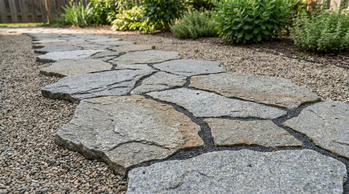 Close-up photo showing narrow-cut granite flagstones with irregular natural edges arranged in an organic pattern. The stones are installed on a crushed stone base with polymeric sand in the joints, creating a durable and slip-resistant surface suitable for outdoor walkways and patios that withstand heavy foot traffic and weather conditions.