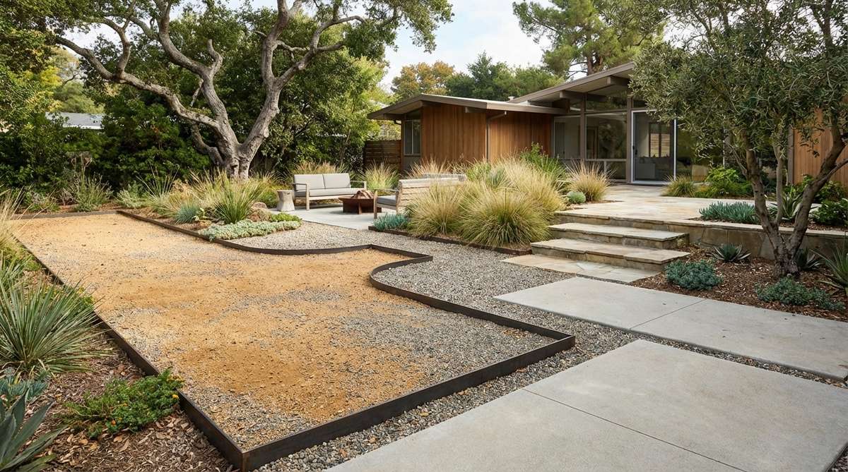 A mid century modern garden featuring permeable gravel and decomposed granite courts in ochre or gray tones, used for secondary pathways and meditation areas. The loose materials contrast with rigid pavement, installed over a compacted base with steel edging to prevent migration at a depth of 2-3 inches for comfortable walking and weed control.