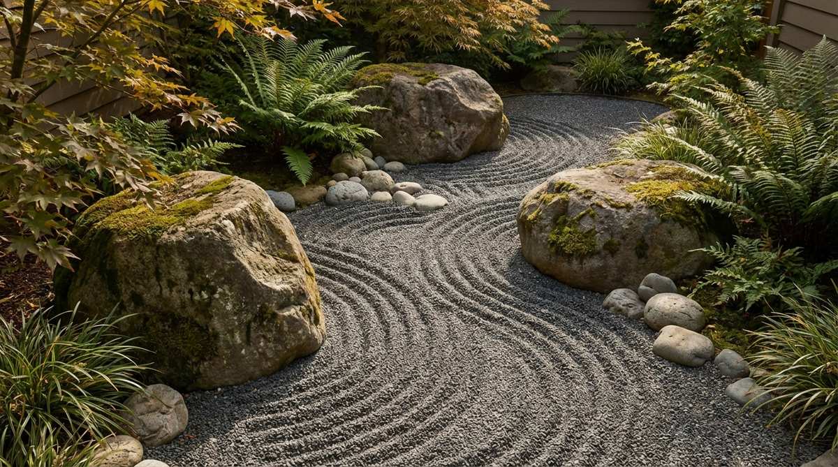 A close-up view of flowing S-curves raked into gravel in a Zen garden, creating dynamic patterns that suggest moving water around obstacles, contrasting with static stone elements and emphasizing smooth, fluid wrist motion for visual rhythm.