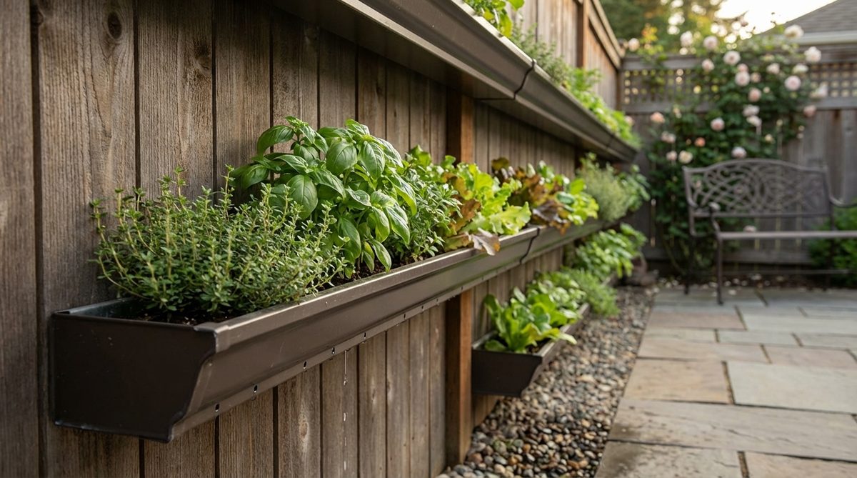 A close-up photo showing vinyl or aluminum gutters mounted horizontally as long, narrow planters for shallow-rooted herbs and lettuces. The image highlights the linear form creating horizontal lines that complement vertical garden elements, with visible end caps featuring drainage holes spaced every 6 inches along the bottom seam. The gutters are installed with a slight forward tilt to ensure proper water drainage away from the wall surface.