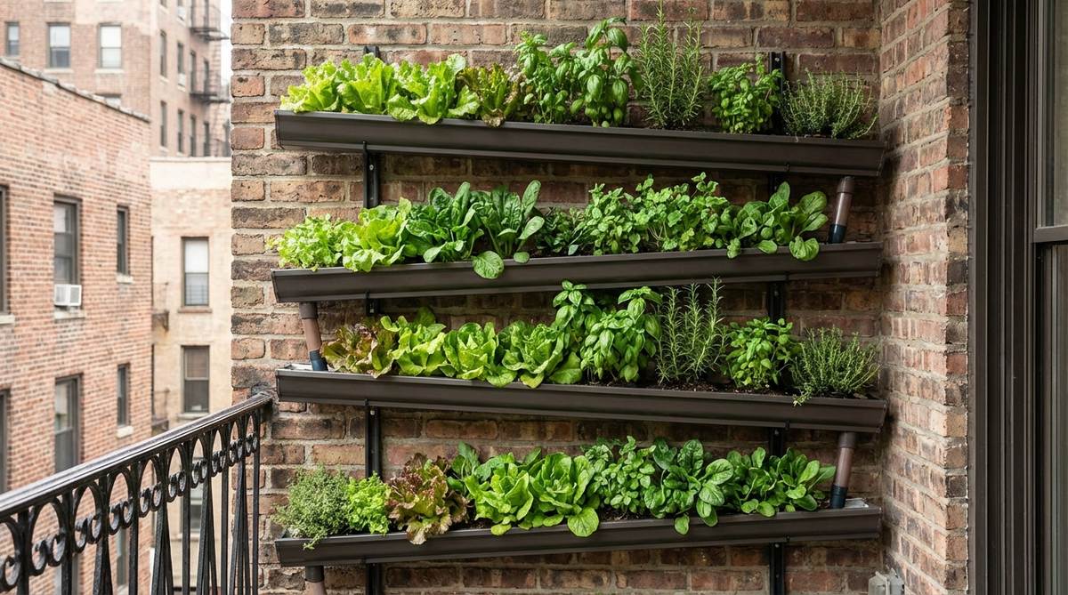 A vertical gutter garden stack system mounted on an urban balcony wall, showing multiple horizontal rain gutters arranged in tiers with leafy greens and herbs growing in them. The gutters are angled slightly for drainage and spaced evenly, demonstrating a space-efficient gardening solution for small urban spaces.