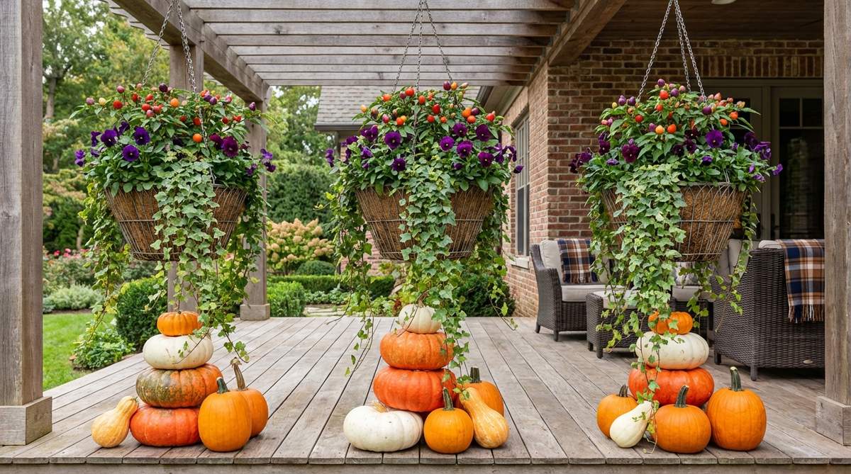 A fall outdoor decor arrangement showing hanging baskets with trailing ivy, purple pansies, and ornamental peppers coordinated with pumpkins placed directly below to create vertical design columns. The color repetition between overhead and ground-level elements creates sophisticated harmony for porch decoration.