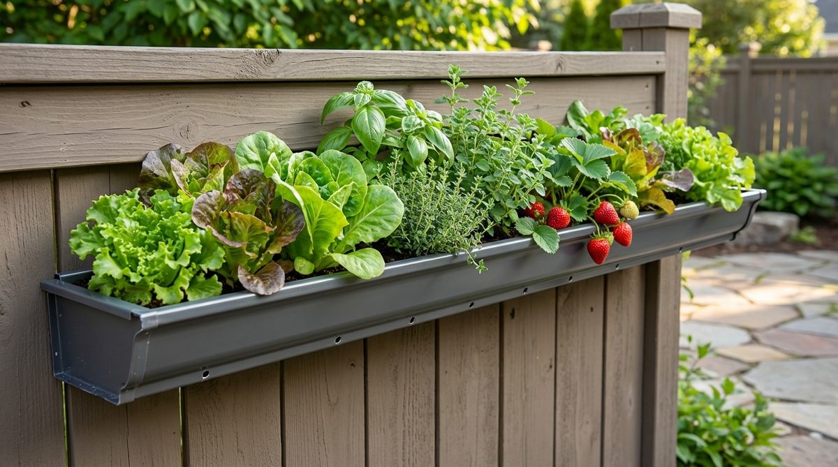 A close-up view of a repurposed rain gutter garden mounted horizontally, filled with potting soil and growing lush lettuce, herbs, and strawberries. The gutter has drainage holes and is slightly angled for proper water flow, showcasing an efficient small backyard gardening solution.