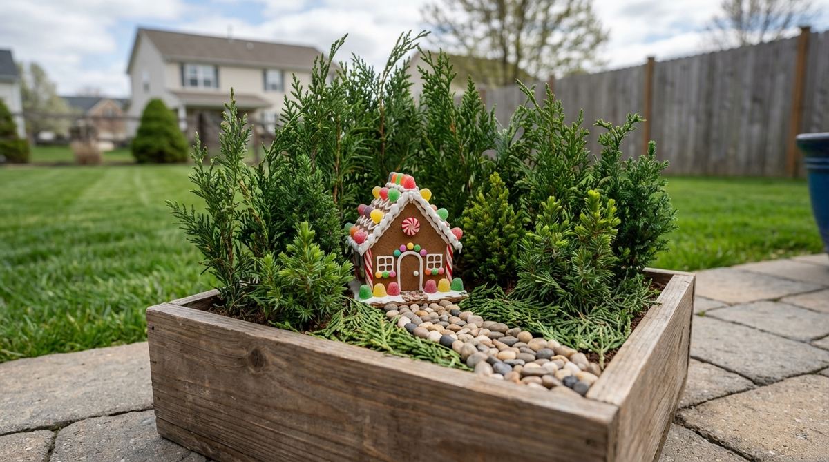 A miniature garden featuring a gingerbread-style candy house decorated with faux candy embellishments, surrounded by a forest of miniature evergreen cuttings or preserved cedar with a pebble path leading to the doorway. Made with polymer clay and dwarf conifers, this design works beautifully as a holiday display while remaining appropriate year-round.