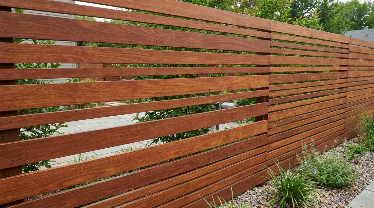 A contemporary garden fence featuring horizontal Ipe wood slats, showcasing the rich brown color and dense grain of this durable hardwood. The slats are spaced for semi-privacy, demonstrating the clean lines and modern aesthetic of this premium fencing option.