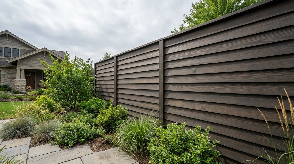 Modern garden fence featuring horizontal ship-lap privacy panels with overlapping boards that efficiently shed water and provide complete privacy. The traditional ship-lap technique adapted for contemporary aesthetics offers superior weather protection and creates subtle horizontal shadow lines, ideal for rainy climates to extend fence longevity.