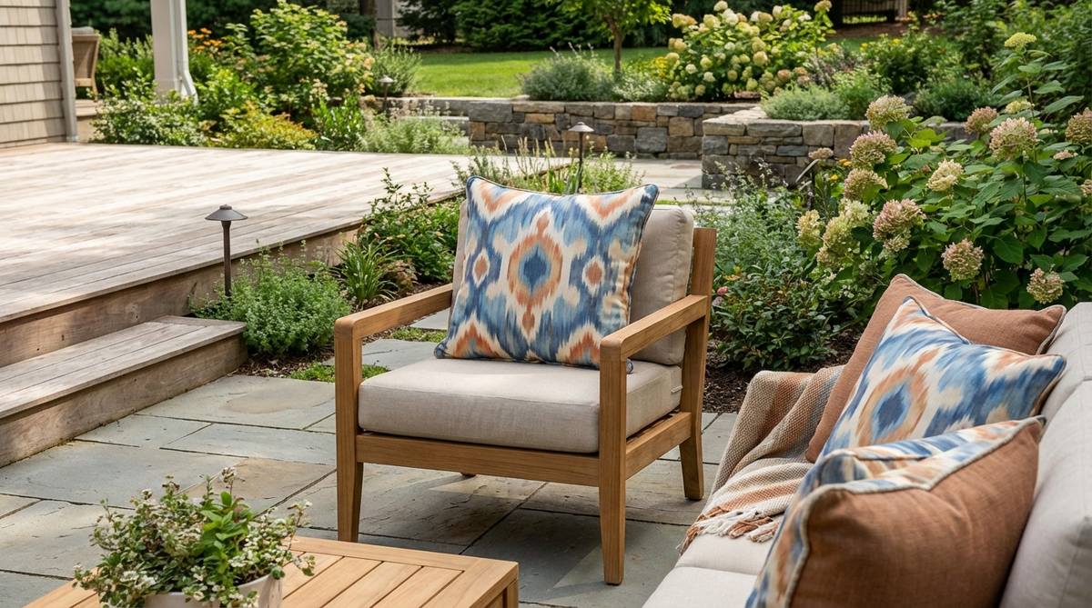 A weather-resistant outdoor cushion featuring traditional ikat print with blurred edges and watercolor effects in blues, oranges, and creams. Perfect for boho decor, it softens modern outdoor furniture lines and can be layered in complementary colorways for globally-inspired arrangements.