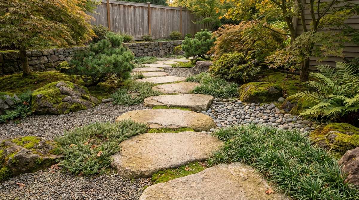 A contemporary Japanese garden walkway featuring thick, naturally rounded irregular flagstones arranged with significant spacing to maintain aesthetic principles.