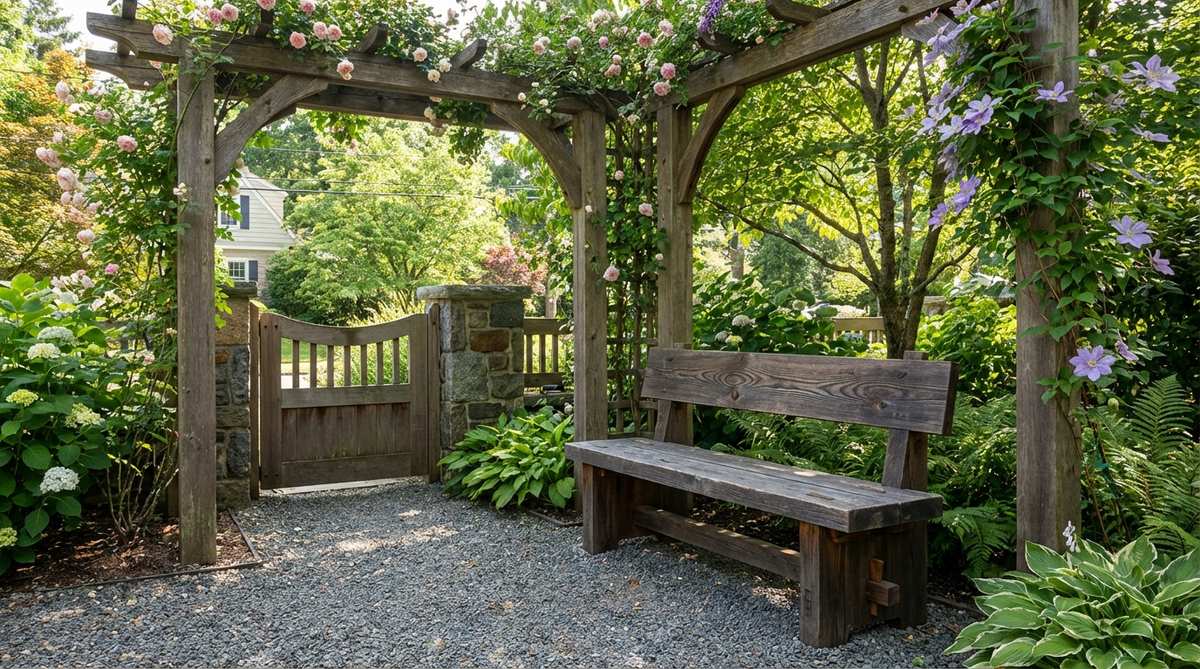 A traditional Japanese backless bench showcasing visible through-tenons and wedges, highlighting expert woodworking craftsmanship. The bench features carefully selected boards with interesting grain patterns and is constructed without nuts or bolts, using fitted wooden pegs for joints that naturally tighten over time. Positioned under an arbor or beside a garden gate where its intricate details can be appreciated.