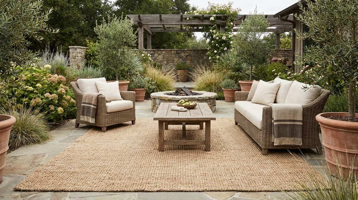 A jute area rug with coarse natural texture and neutral tan color, grounding a seating area with earthy authenticity. The organic fiber composition anchors furniture groupings while adding warmth to hard flooring surfaces in boho decor style.