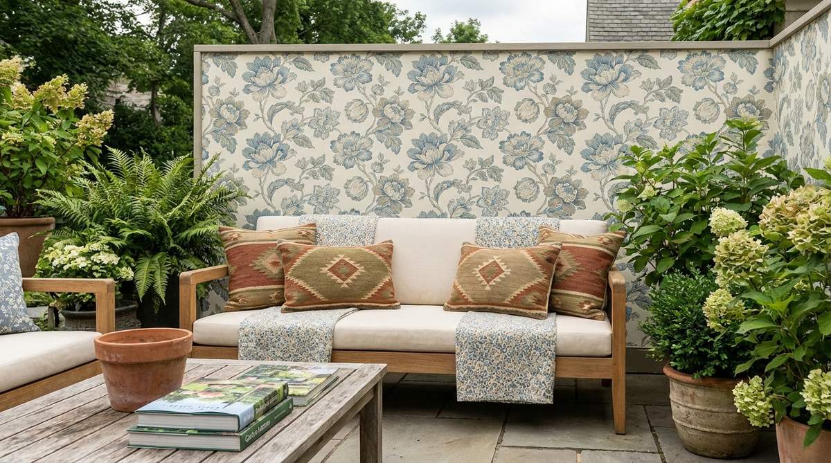 A boho-style living room showcasing pattern scaling with large floral wallpaper, medium geometric cushions, and small ditsy-print throws. The composition demonstrates how combining patterns at three distinct scales creates visual harmony without competition, with consistent color threads tying the elements together.