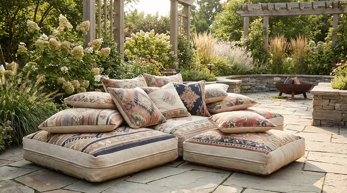 Oversized floor cushions in mixed boho patterns arranged in layered seating for flexible party arrangements. Shows removable washable covers, varying cushion heights with dense foam base and soft feather-filled pillows on top, creating relaxed low seating that encourages comfortable conversations.