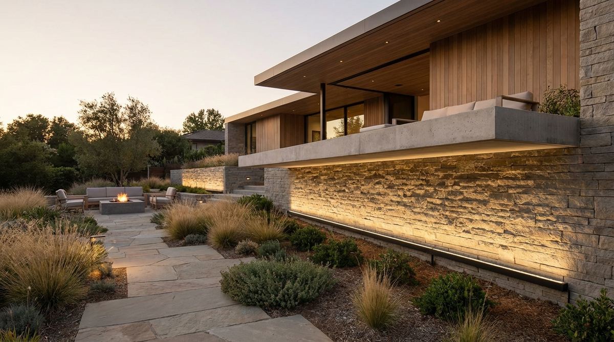 A modern garden lighting setup featuring LED linear wall washers with elongated housings and continuous LED arrays. The fixtures are mounted parallel to the grade line, illuminating contemporary architecture with clean horizontal lines and controlled upward light patterns.