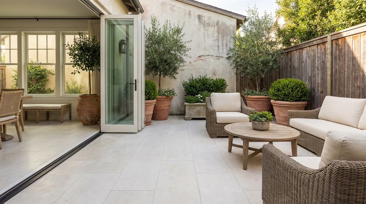 A pale limestone tile foundation in a small garden courtyard, reflecting light to brighten shaded areas and creating a seamless transition between indoor and outdoor spaces. The neutral stone tone serves as an elegant backdrop that highlights container plants and furniture, with honed finishes for safety and large-format tiles to minimize grout lines and debris collection in high-traffic zones.