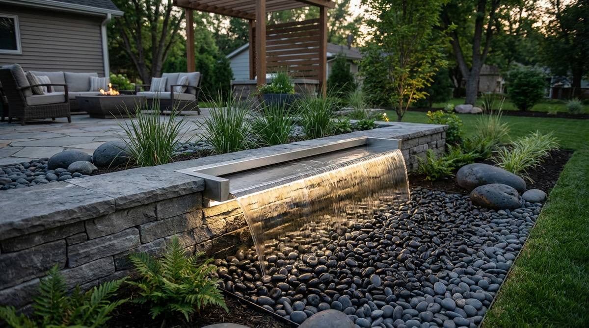 A modern Japanese garden feature showing a stainless steel linear water blade creating a sheet cascade into a concealed reservoir beneath polished black pebbles. The minimalist design includes LED strip lighting illuminating the falling water at night, with the reservoir hidden to create the illusion of water vanishing into stone—a contemporary interpretation of traditional dry-stream beds.