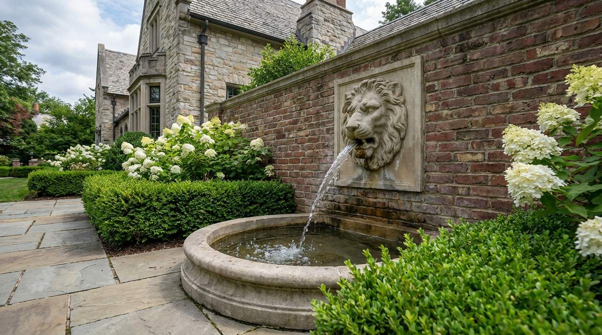 A cast stone lion mask fountain spout projecting water into a shallow basin, featuring classical European detailing suitable for formal gardens and historical home styles.