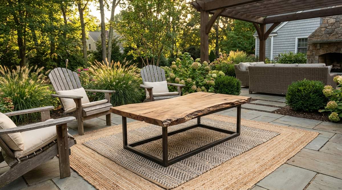 A live-edge wood slab coffee table with a minimalist steel frame, showcasing organic wood grain patterns and natural edges that provide bohemian authenticity, combined with the structural precision of an industrial metal base. Positioned on layered rugs to anchor a seating area in industrial boho decor.