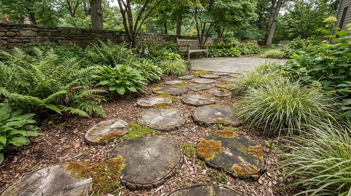 A rustic garden pathway made from cross-cut log slices serving as stepping stones, showcasing natural growth ring patterns and moss colonization for an organic aesthetic.