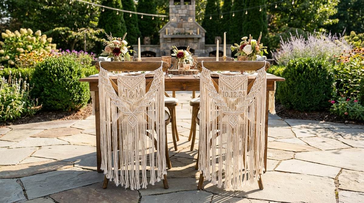 Custom macrame hangings with long fringe for sweetheart table chairs, featuring personalized knotwork with initials or wedding date for boho wedding decor.
