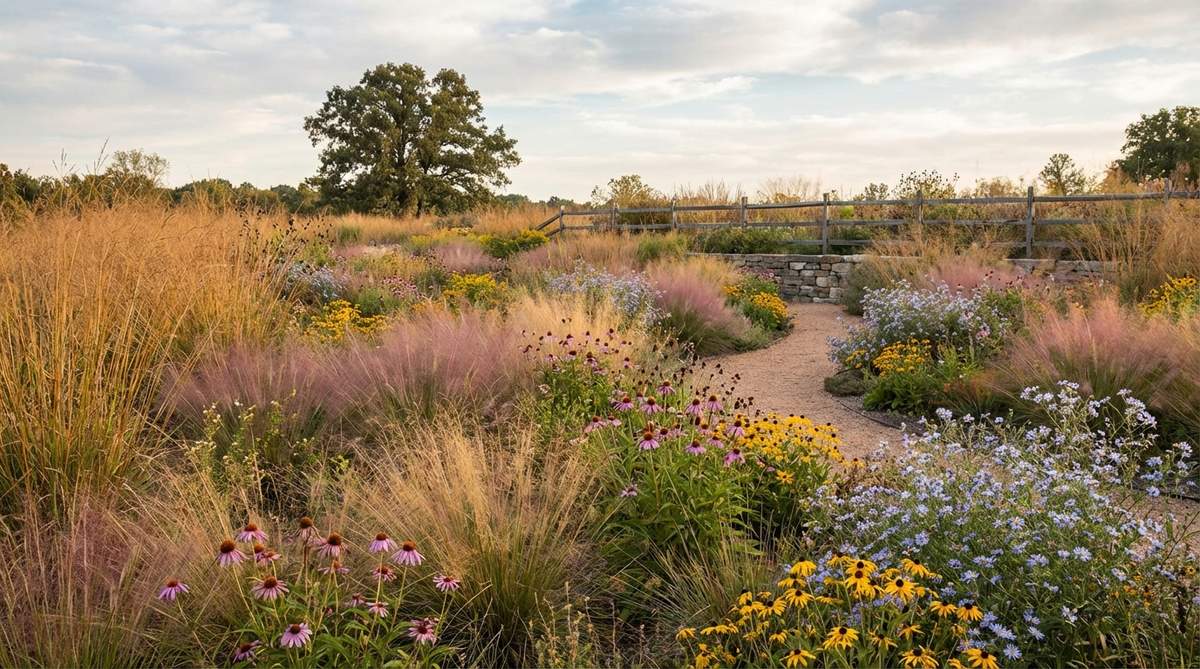 A naturalistic meadow garden design featuring a mix of wildflowers and native ornamental grasses like Panicum and Muhlenbergia, creating movement and texture with vertical grass foliage and floating flower clusters, ideal for larger cottage garden areas to replace traditional lawns and extend seasonal interest into winter.