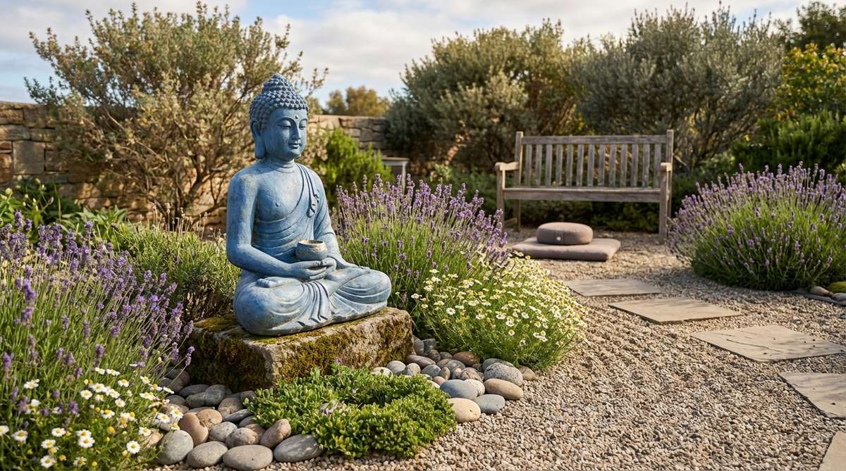 A serene blue Medicine Buddha statue holding a healing bowl, placed in a zen garden with medicinal herbs like lavender and chamomile, symbolizing wellness and restoration for meditation spaces.