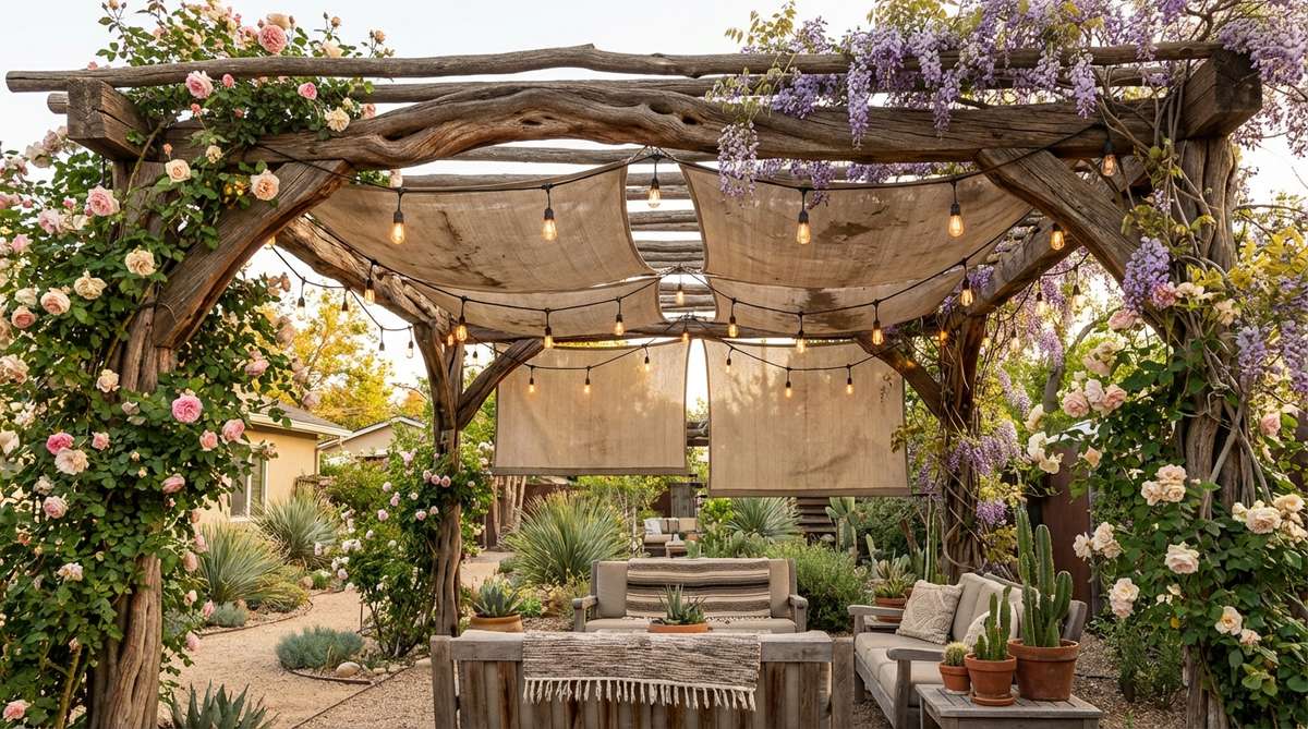 A rustic mesquite pergola with natural curved beams and twisted wood grain, draped with vintage-style Edison string lights in loose swags. Canvas shade panels provide temperature control, while climbing roses or wisteria add seasonal color and fragrance in this western boho outdoor decor setting.