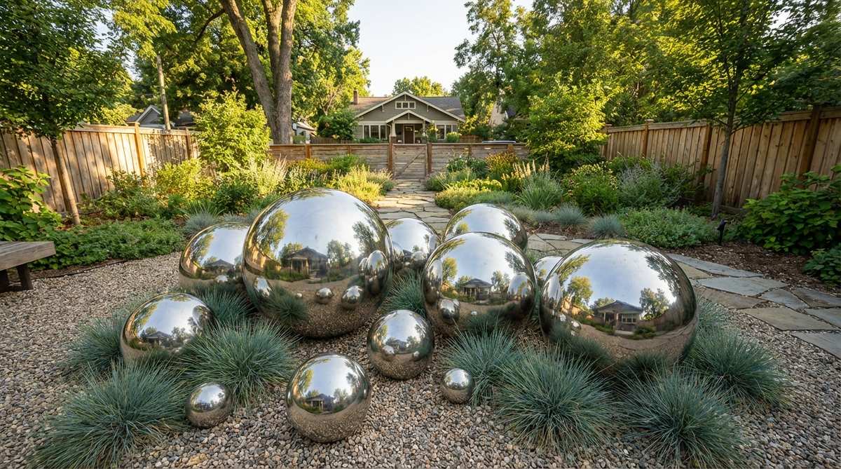 A group of polished stainless steel or copper spheres in varying diameters, arranged asymmetrically on a gravel bed or nestled in low grasses. The reflective surfaces catch sunlight and mirror the garden surroundings, creating dynamic visual fragments. Sizes range from 8 to 24 inches, with hollow construction for lightweight and movable design.