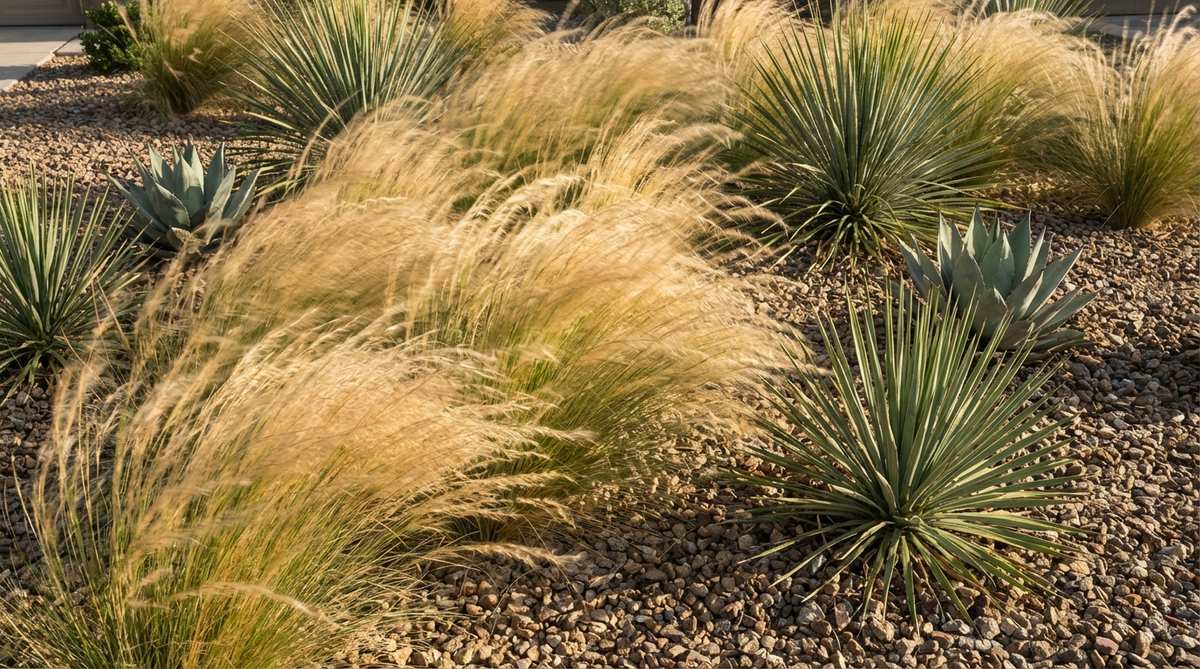 A close-up of Nassella tenuissima, also known as Mexican feather grass, with its fine, hair-like foliage swaying in a breeze within a gravel garden bed. The blonde seedheads create a hazy, soft-focus effect, adding kinetic energy to the static gravel. The grass is shown in a naturalistic sweep, paired with spiky yuccas or agaves to highlight the contrast between rigid and flowing forms, as described in the article on gravel garden design.