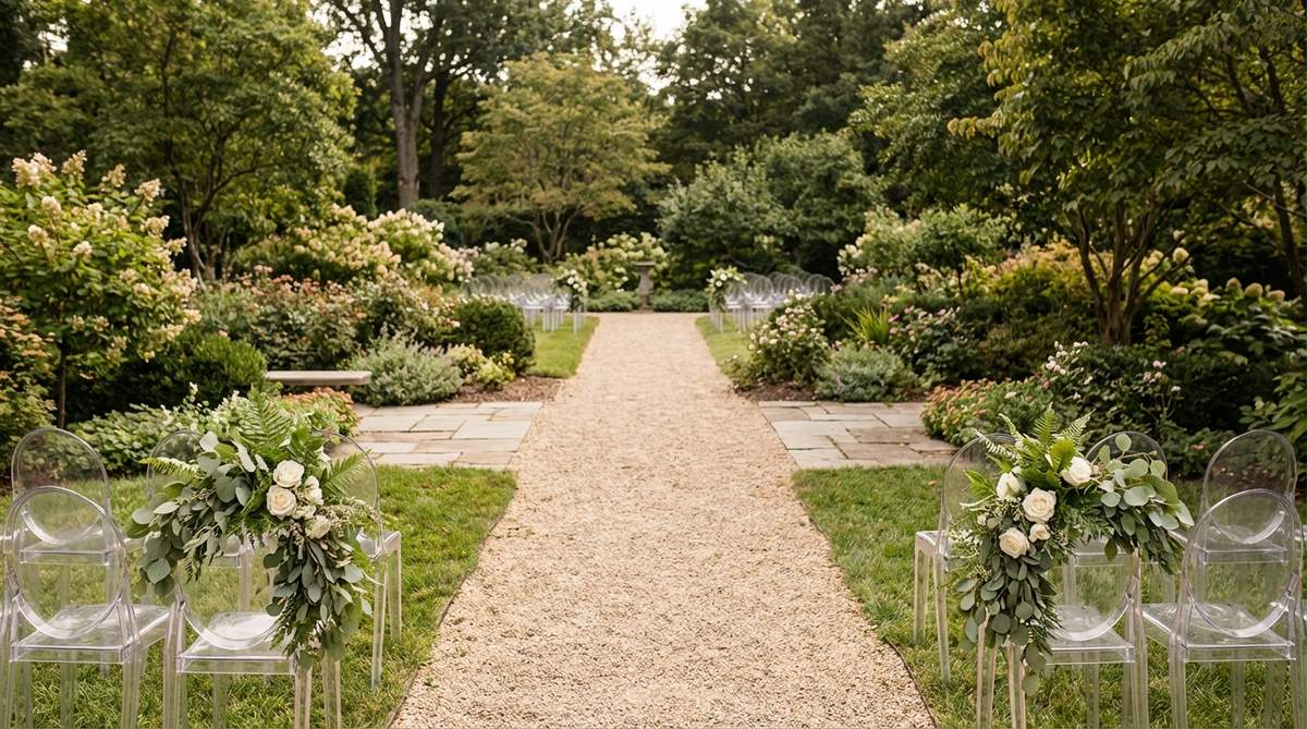 Elegant minimalist greenery aisle markers placed at the entrance and end of a wedding aisle, featuring substantial greenery arrangements on translucent ghost chairs. This garden wedding decor provides subtle definition while letting the natural garden setting remain the visual focus, suitable for modern to classic wedding styles.