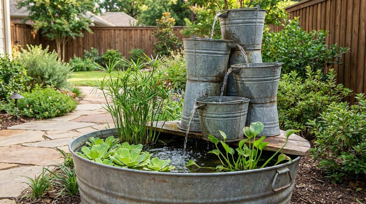 A creative garden tub water feature using stacked galvanized minnow buckets at varying heights to create a multi-level cascade. Water spills from the top buckets into the main tub reservoir below, with aquatic plants like dwarf papyrus and water lettuce adding natural beauty. The setup demonstrates how to create auditory complexity with varying water sounds between levels.
